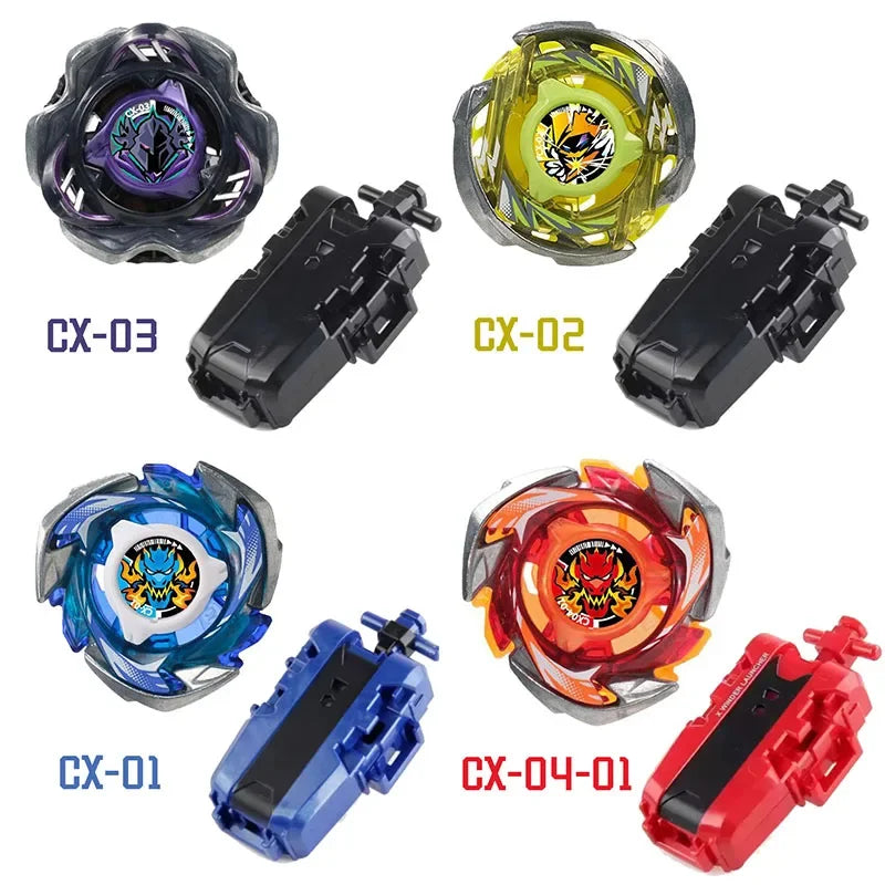 A collection of five Beyblade Burst CX series metal fighting tops in various colors and designs.