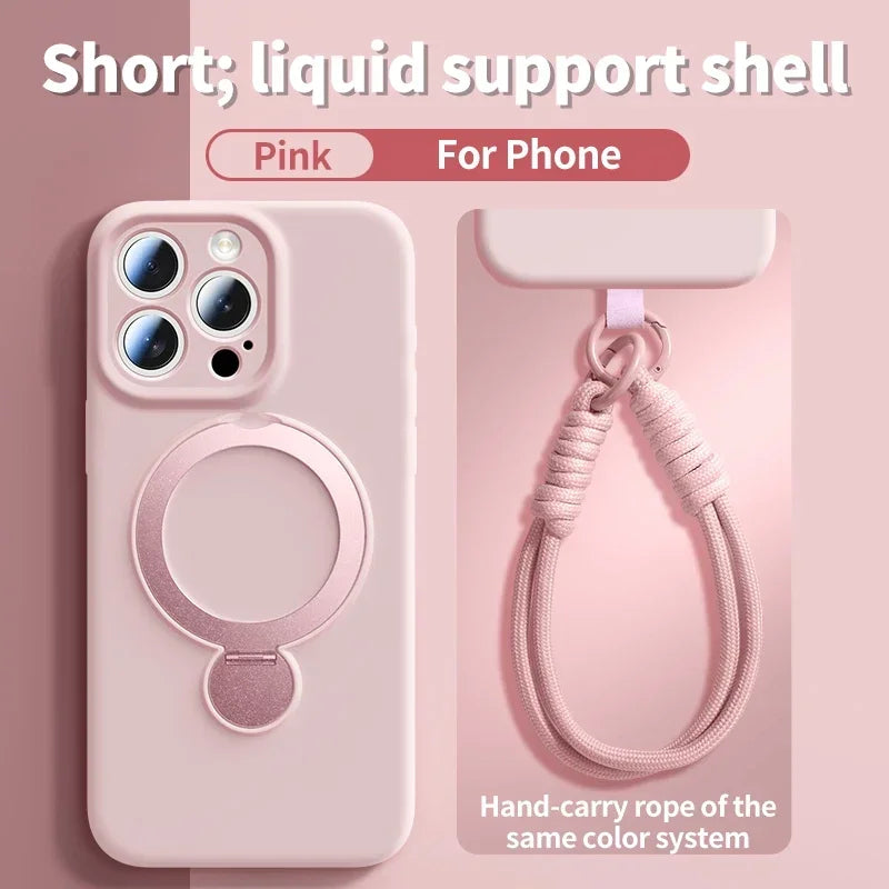 Pink liquid support shell phone case with a magnetic ring and hand-carry rope lanyard