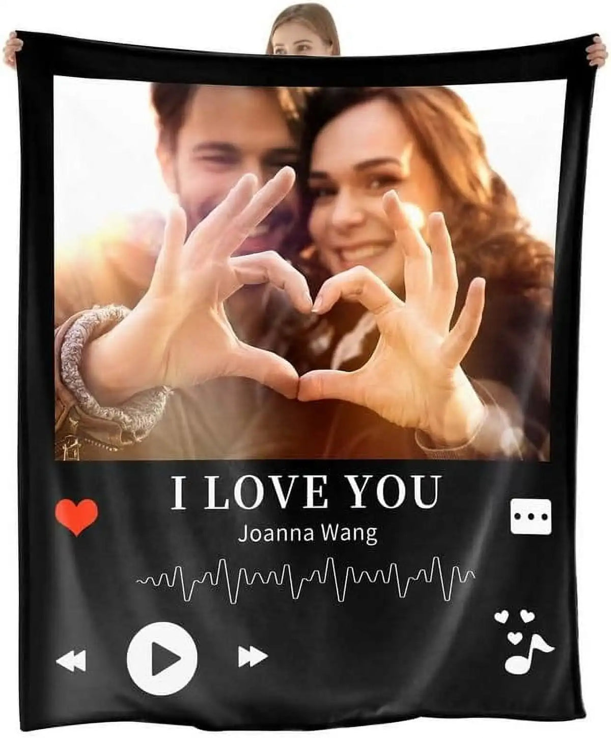 A black photo collage blanket featuring a picture of a couple and the text I love you Joanna Wang.