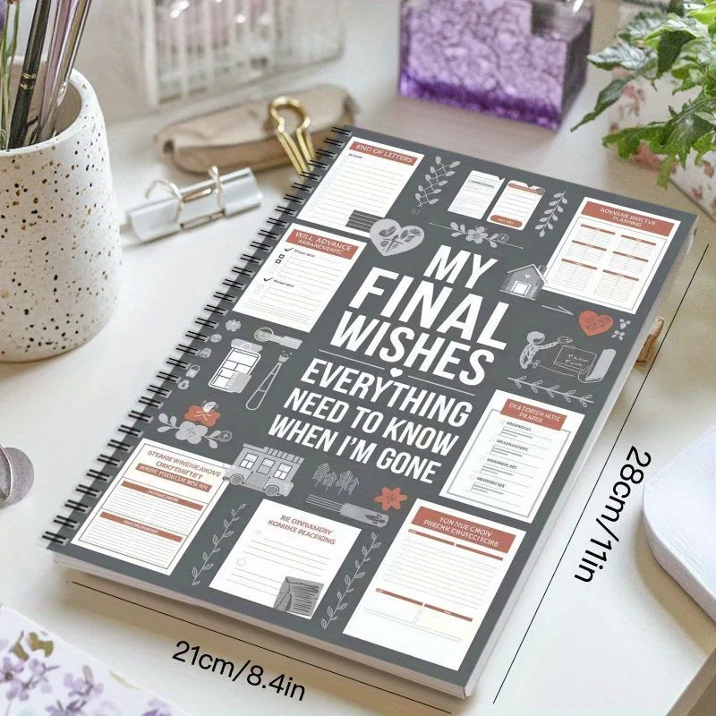 A spiral-bound planner titled My Final Wishes with various sections for end-of-life planning and arrangements.