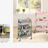 Pink and gray metal storage cart with three tiers and lockable wheels shown in a bright room.
