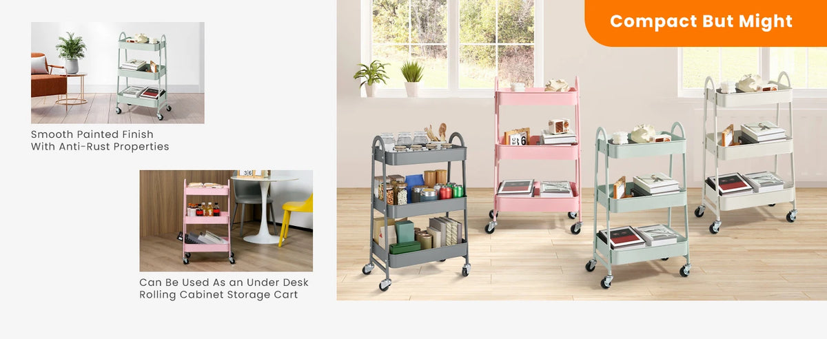 Pink and gray metal storage cart with three tiers and lockable wheels shown in a bright room.
