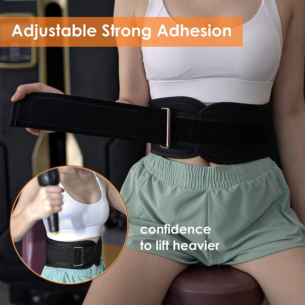 A woman wearing a black adjustable weight lifting belt over light green athletic shorts.