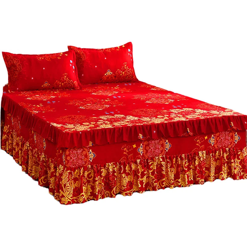 Elegant Elastic Fitted Bed Sheet Set with Lace Skirt and Pillowcases