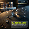 A close-up of a black fabric surface with water droplets, showing the texture and protective qualities of an all-weather armo