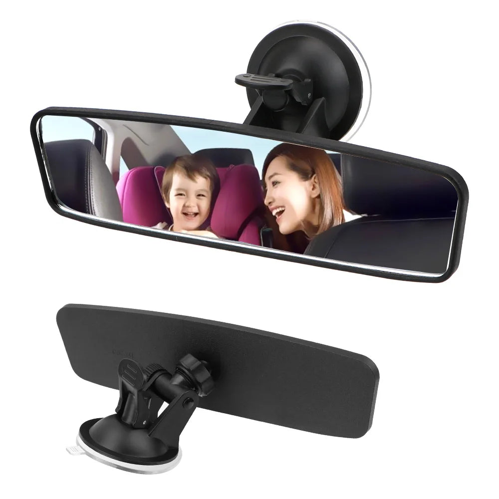 A black 360° rotating wide-angle car rear view mirror showing a woman and a child.