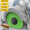 A green diamond glass and tile cutting disc is shown mounted on an angle grinder for cutting materials like slate, marble, an