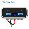 A black power adapter with four USB ports and a voltage display, featuring multiple output options.