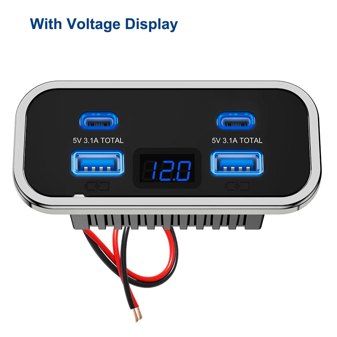 A black power adapter with four USB ports and a voltage display, featuring multiple output options.