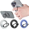 A hand holds a silver magnetic phone holder ring stand with various colored rings for smartphone mounting.
