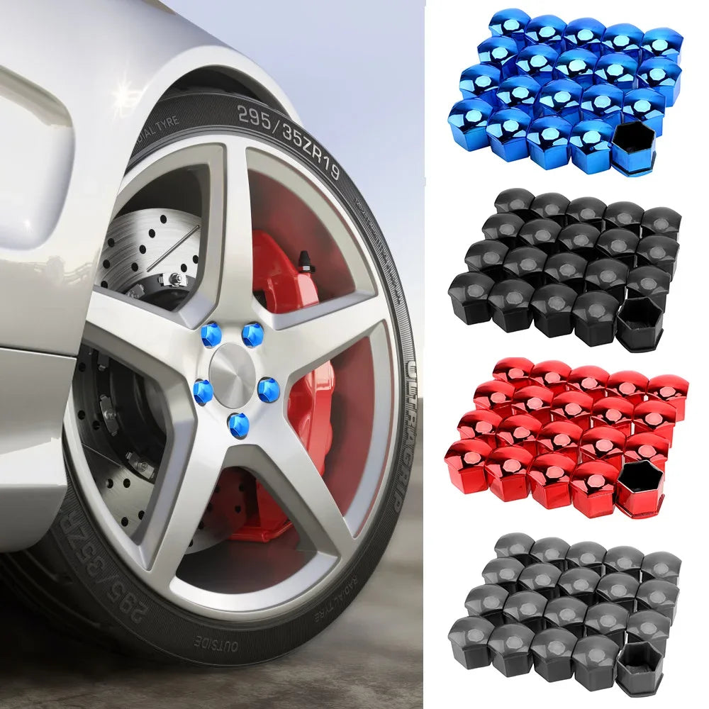 A collection of blue, black, and red anti-rust wheel nut caps displayed next to a car wheel.