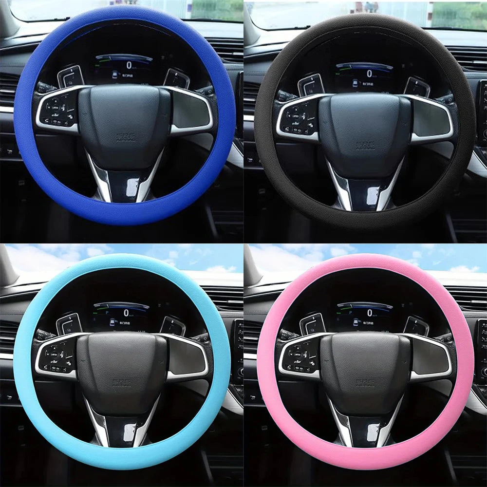 Four images showing a steering wheel covered in silicone grips of blue, black, cyan, and pink colors.