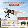 A white paper airplane model with a built-in gyroscope is shown alongside its components including a screwdriver, battery, ch