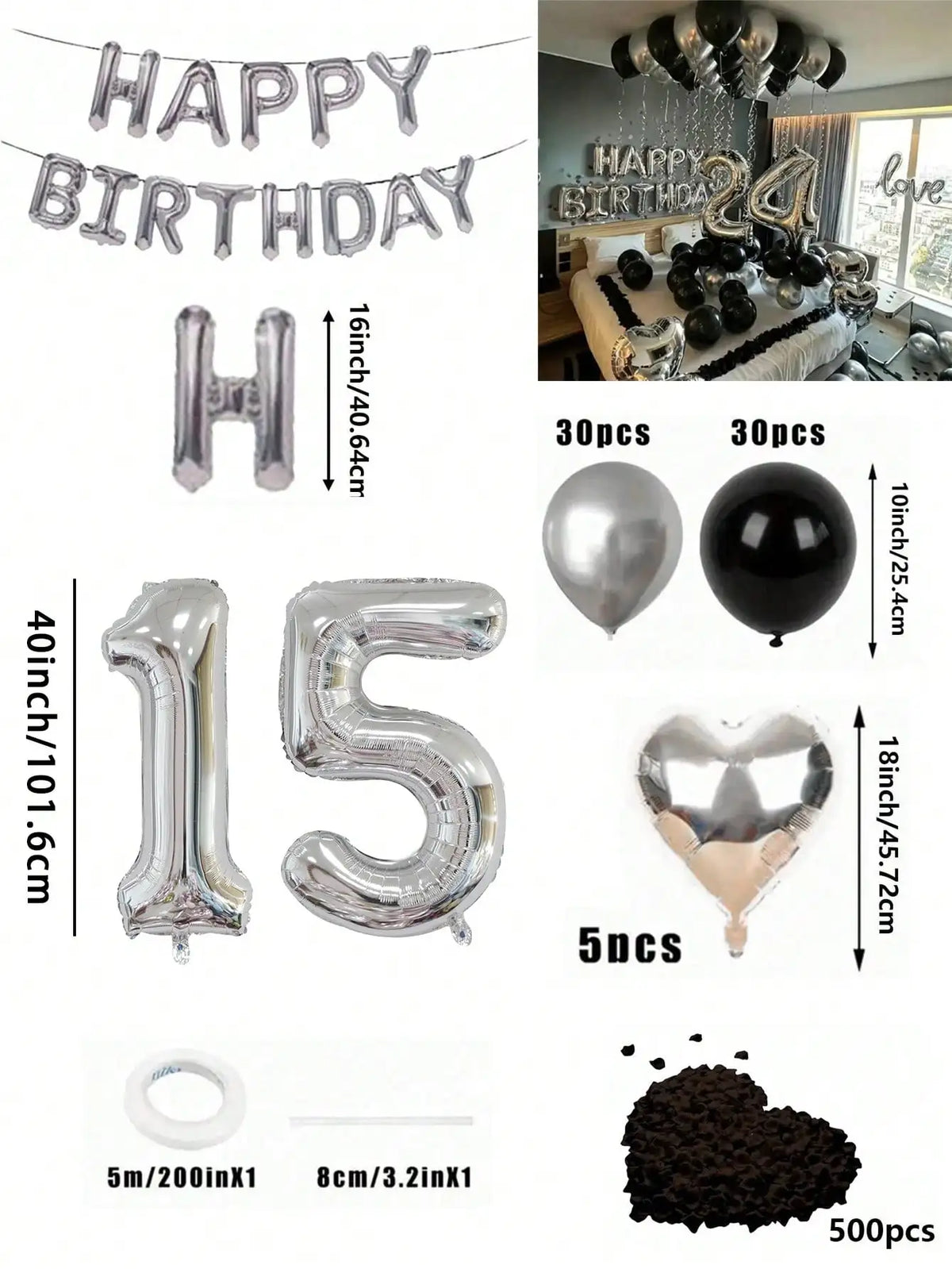 A kit for creating a balloon garland featuring silver and black foil numbers and balloons.