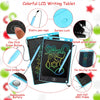 Colorful LCD writing tablet showing various features like an elastic pen rope, screen lock, and anti-fall ABS frame.