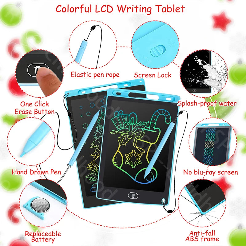 Colorful LCD writing tablet showing various features like an elastic pen rope, screen lock, and anti-fall ABS frame.