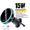 A black magnetic wireless car charger mount with an RGB light and USB-A to Type-C charging cable.