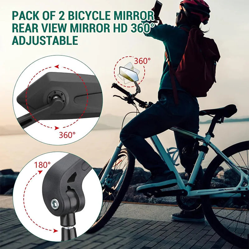 A person riding a bicycle is using an adjustable 360-degree rearview mirror mounted on the handlebars.