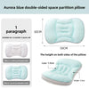 Aurora blue double-sided space partition pillow showing its dimensions and features