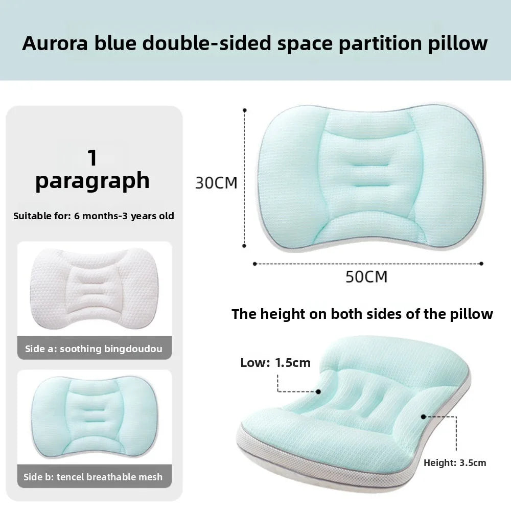 Aurora blue double-sided space partition pillow showing its dimensions and features