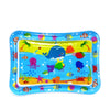 A bright blue inflatable water play mat featuring colorful sea animals and tropical elements for baby sensory development.