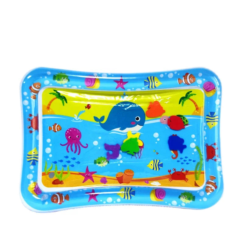 A bright blue inflatable water play mat featuring colorful sea animals and tropical elements for baby sensory development.