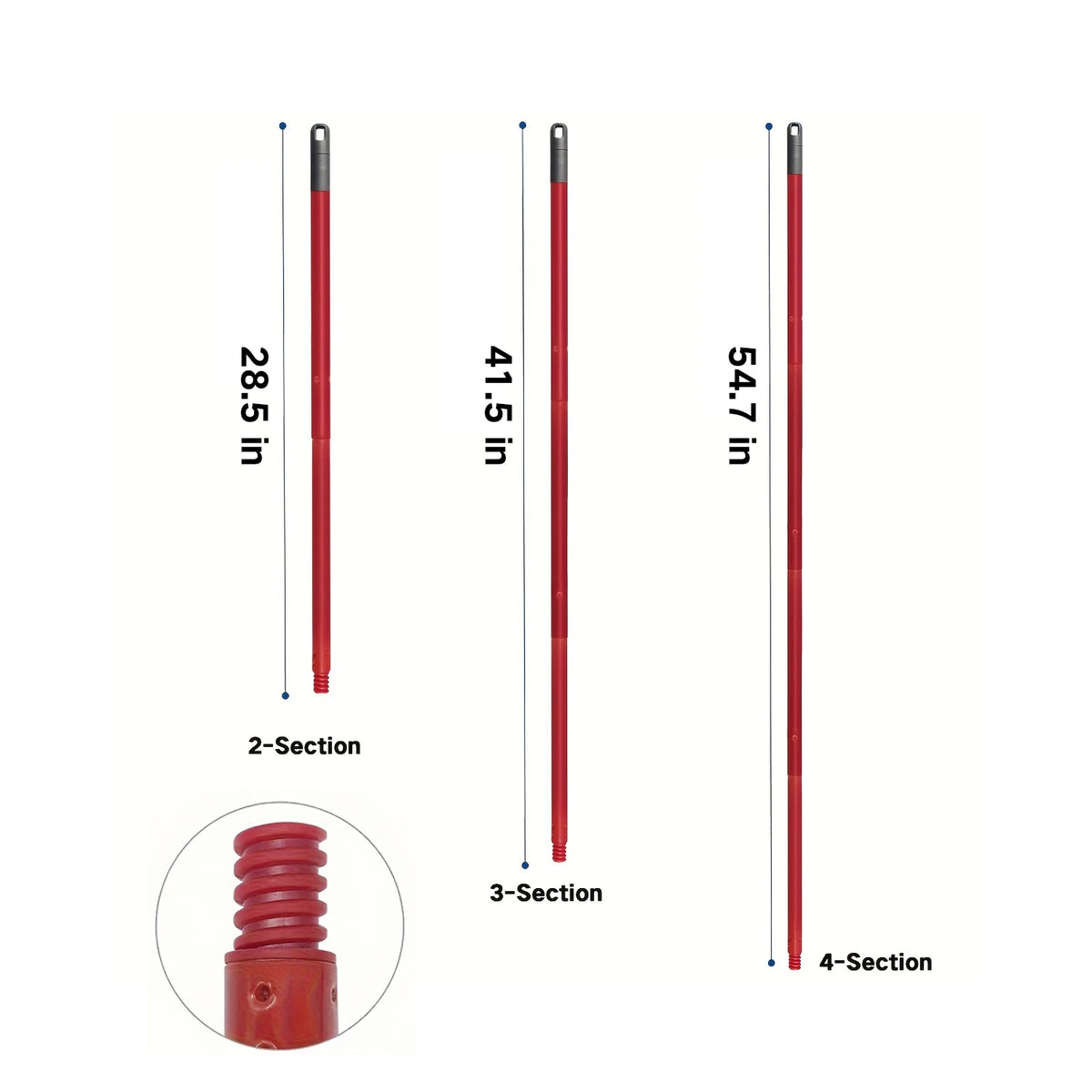 A set of replacement mop handles and bases in red, shown with various lengths and sections.