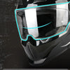 A black full-face motorcycle helmet with a blue light feature and various lens color options.
