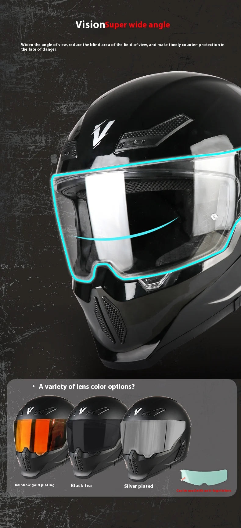 A black full-face motorcycle helmet with a blue light feature and various lens color options.
