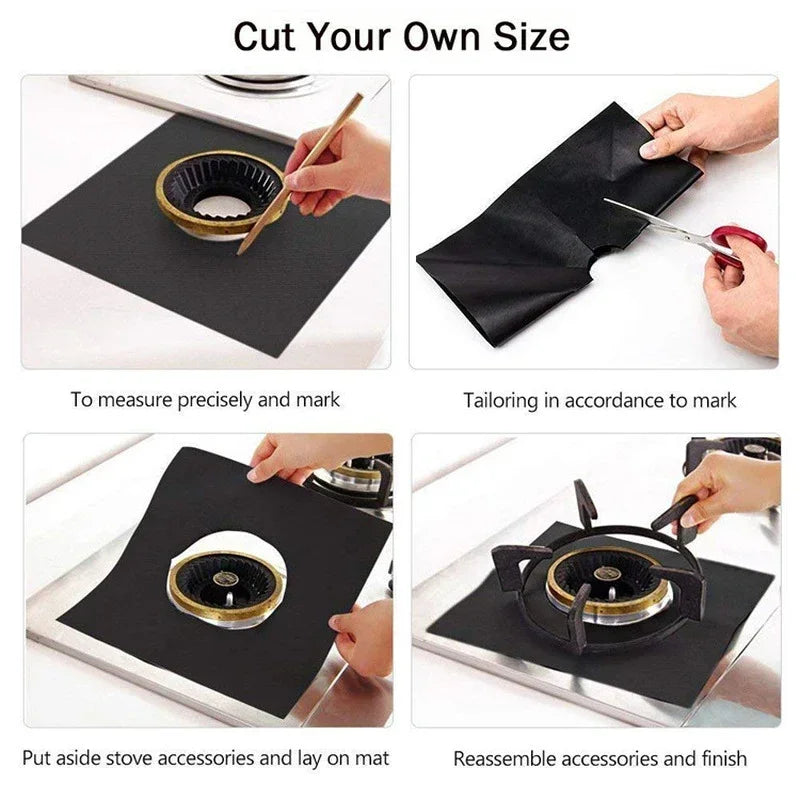 Instructions show how to cut, tailor, and reassemble reusable gas stove burner protectors.