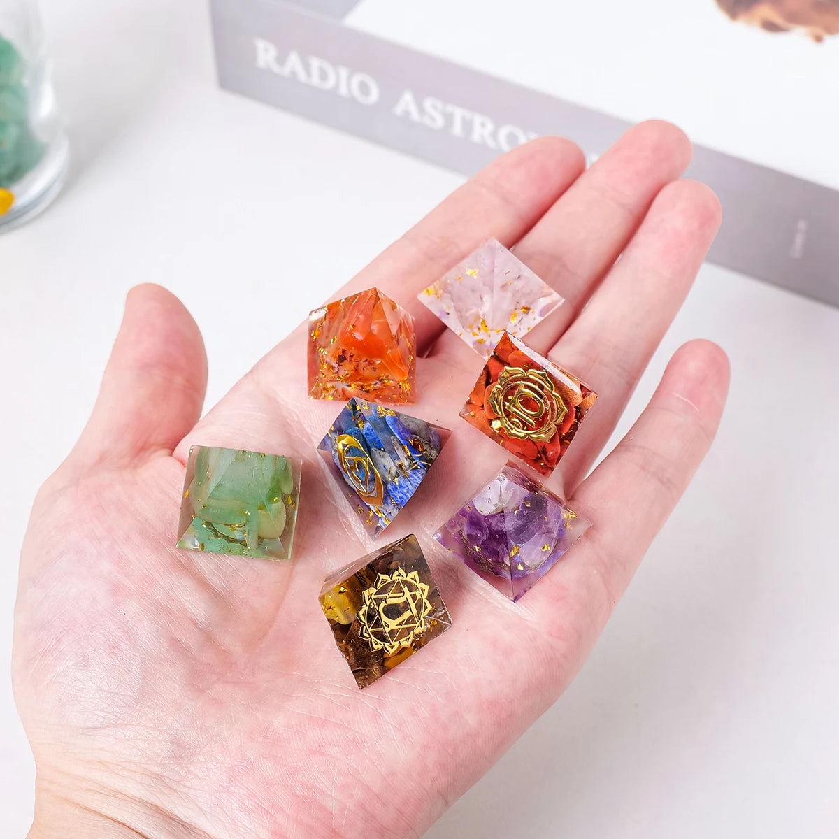 7-Piece Chakra Crystal Pyramid Set with Wooden Base