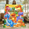 A colorful blanket featuring cartoon dinosaurs in various poses, displayed on a light-colored surface.