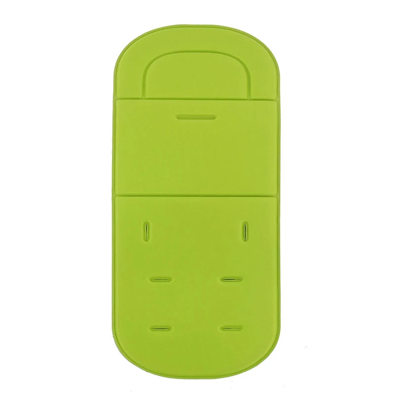 A lime green cartoon baby stroller seat cushion with a contoured design.
