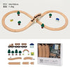 Wooden train track expansion pack showing a curved wooden track and various wooden pieces for building trains