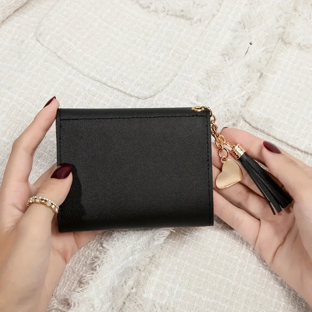 Compact PU Leather Clutch Wallet with Tassel