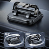 A black 360 degree rotating car dashboard phone mount with an anti-slip silicone base shown in various angles.