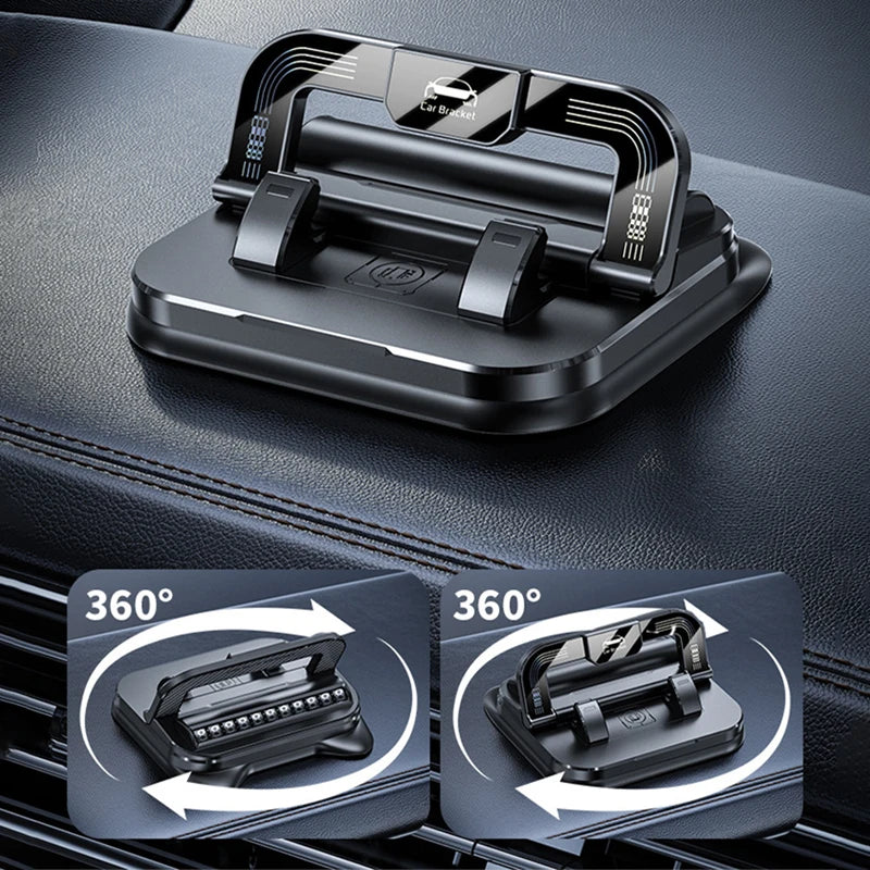 A black 360 degree rotating car dashboard phone mount with an anti-slip silicone base shown in various angles.