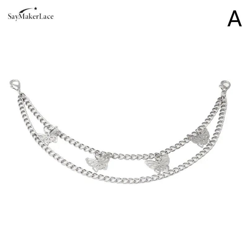 Silver multi-layer chain strap featuring small butterfly pendant charms.