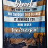 A dark blue fleece blanket featuring text that says Dad we hope every time you snuggle this blanket it reminds you how much w