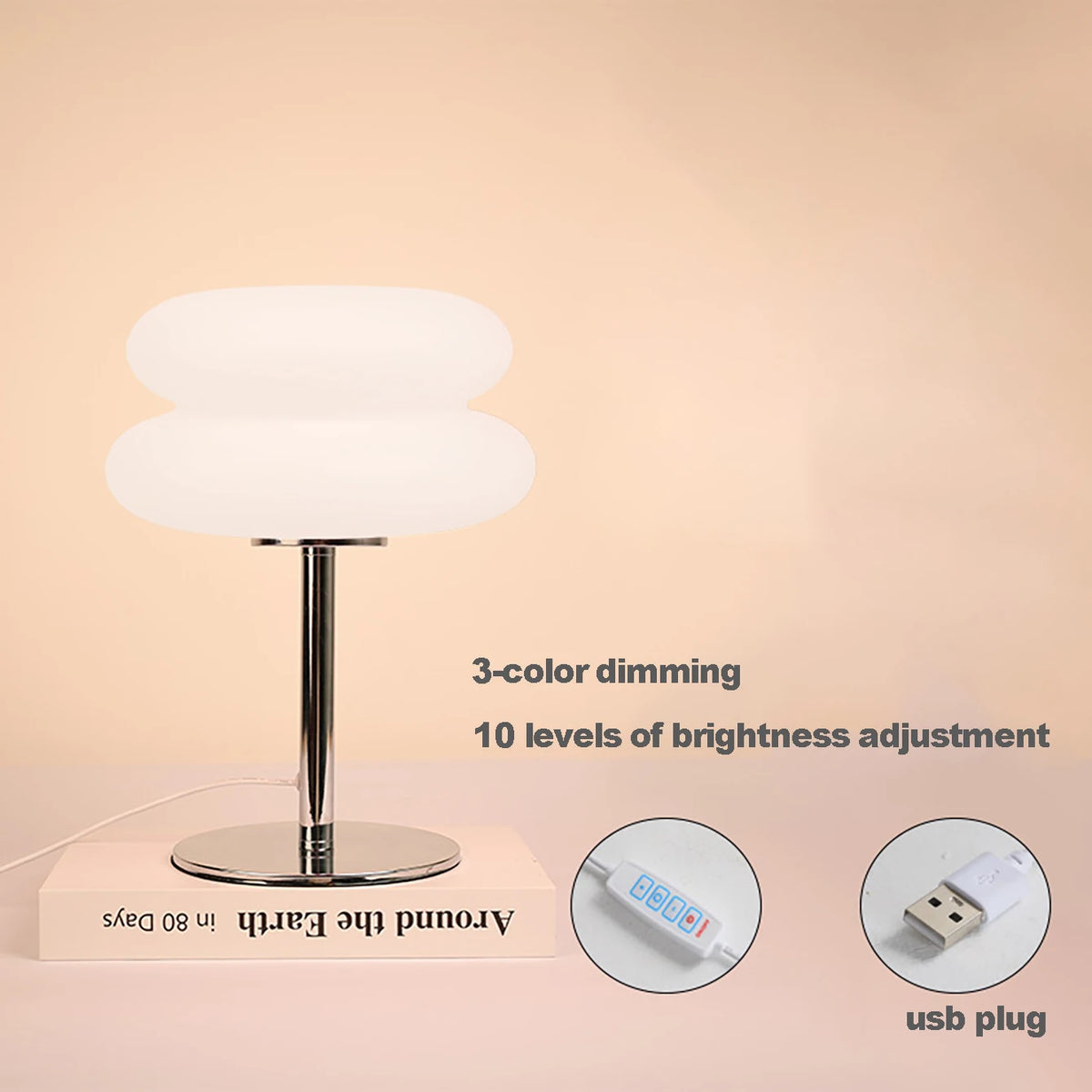 Modern cloud-shaped bedside lamp with a silver base and adjustable light, featuring 3-color dimming and 10 brightness levels.
