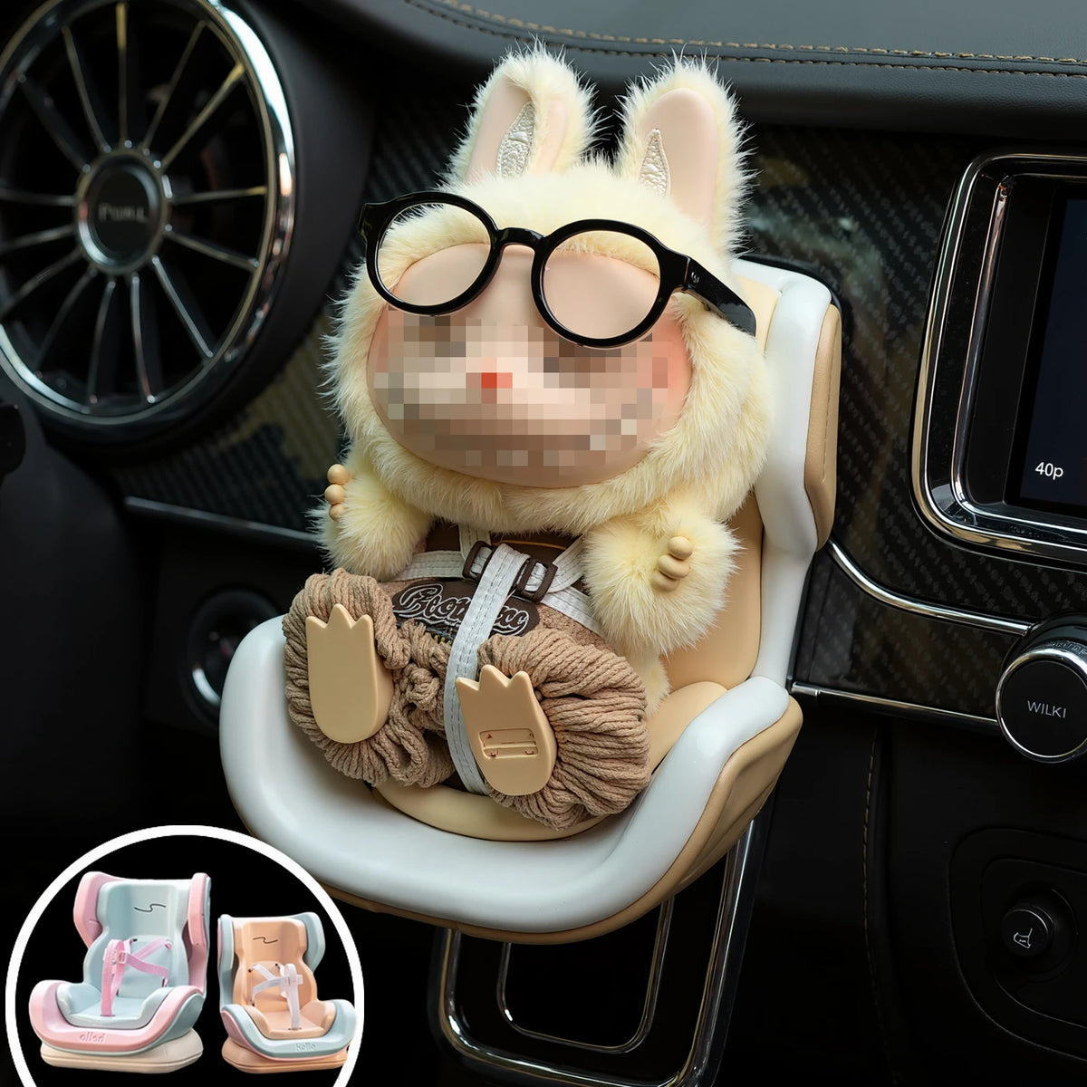 A plush rabbit accessory designed to fit into a car seat, featuring soft fur and storage clips.
