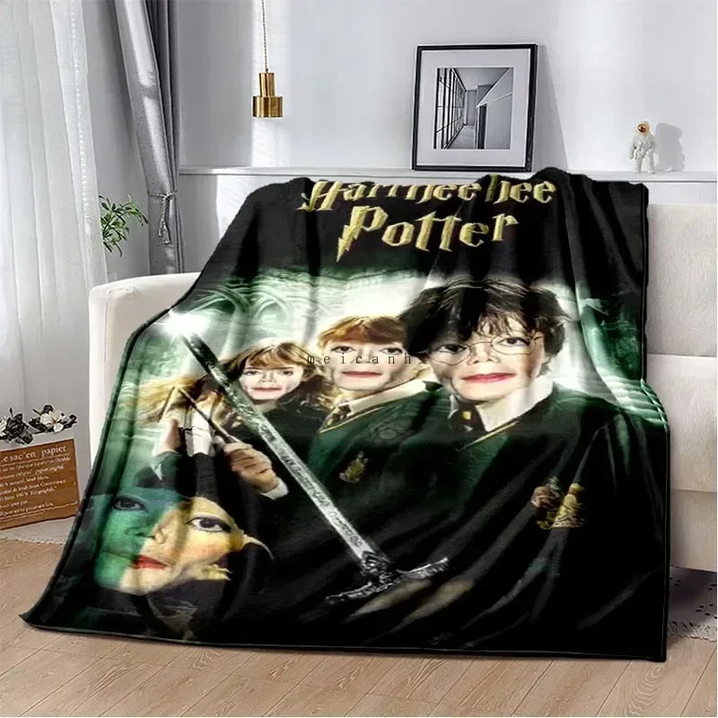 A black flannel throw blanket featuring a portrait of Harry Potter with the text Harrybee Potter