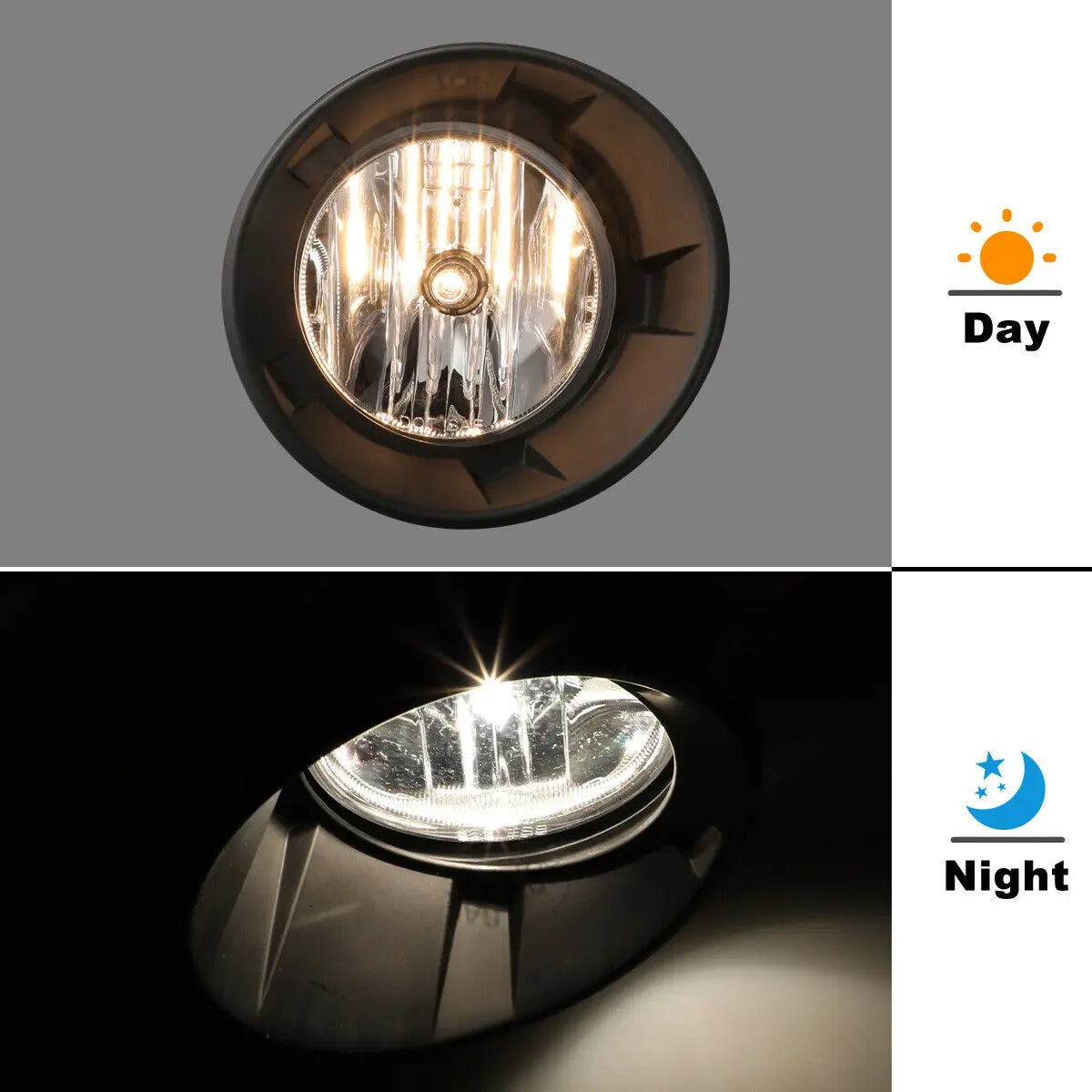 A pair of fog light assemblies for a 2010-2013 Chevy Camaro, shown in both day and night modes.