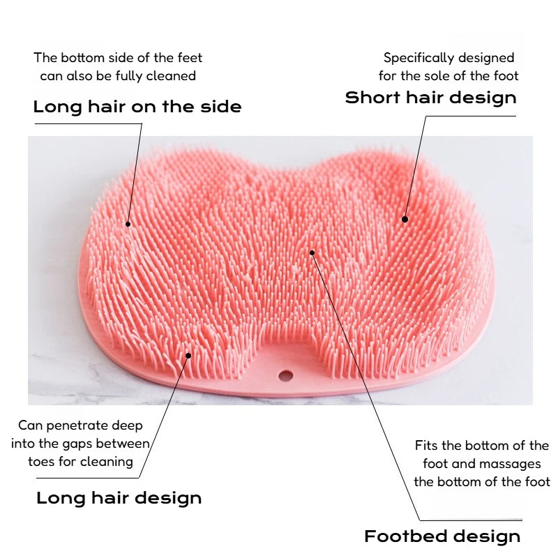 A pink foot massage mat with short hair design and exfoliating bristles for the sole of the foot.