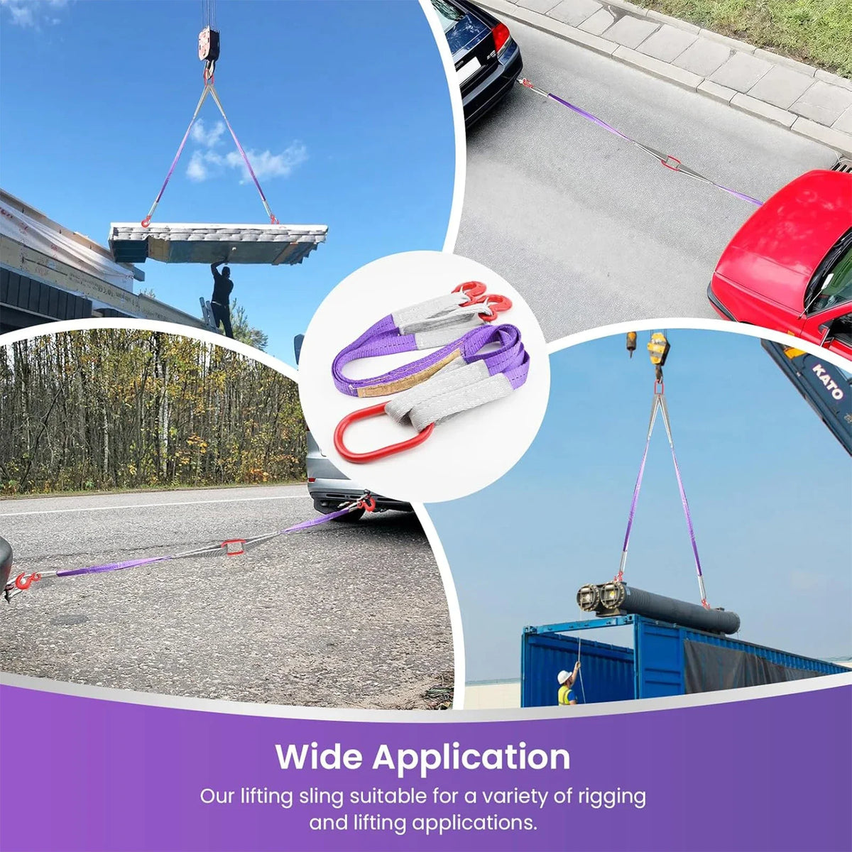 A collage showing heavy duty polyester lifting slings with hooks used for various rigging and lifting applications.
