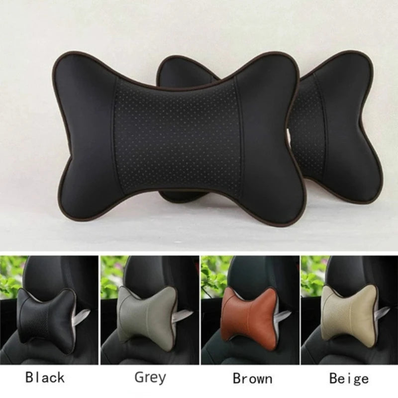 A set of black, grey, brown, and beige leather knitted car neck pillows shown in various colors.