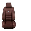 A brown PU leather car seat cover for a single front seat, featuring stitching and a small flag emblem.