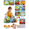 A Montessori giraffe busy board for toddlers featuring various educational activities and quiet book elements.