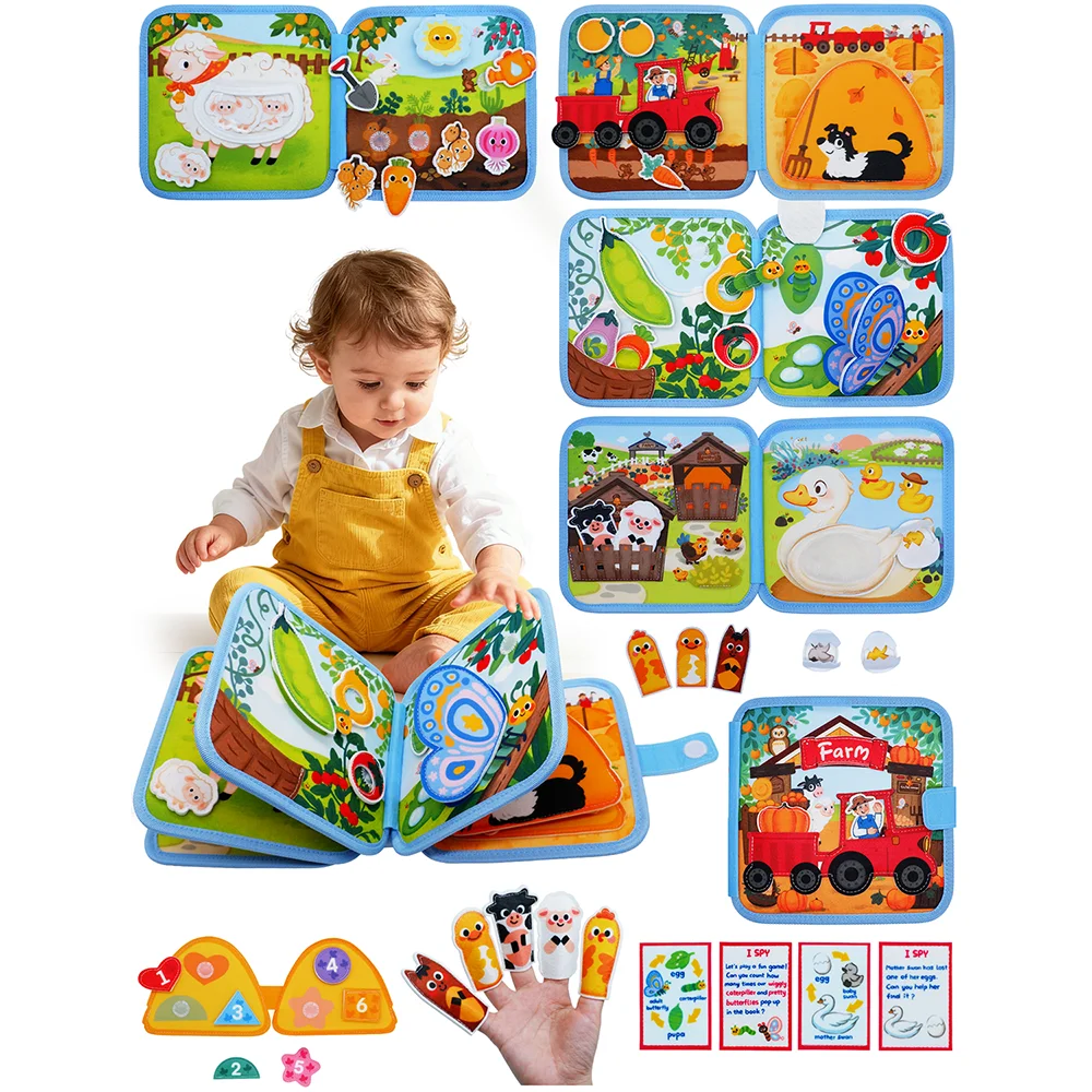 A Montessori giraffe busy board for toddlers featuring various educational activities and quiet book elements.