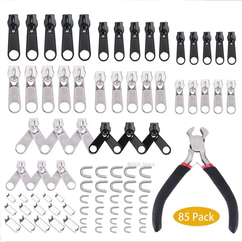 A collection of zipper repair tools including sliders, openers, and cutters packaged in an 85-piece kit.